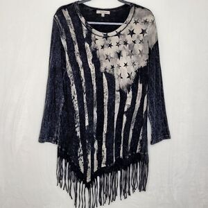 Jess & Jane American Flag Acid Wash Fringe Long Sleeve Top Size Small